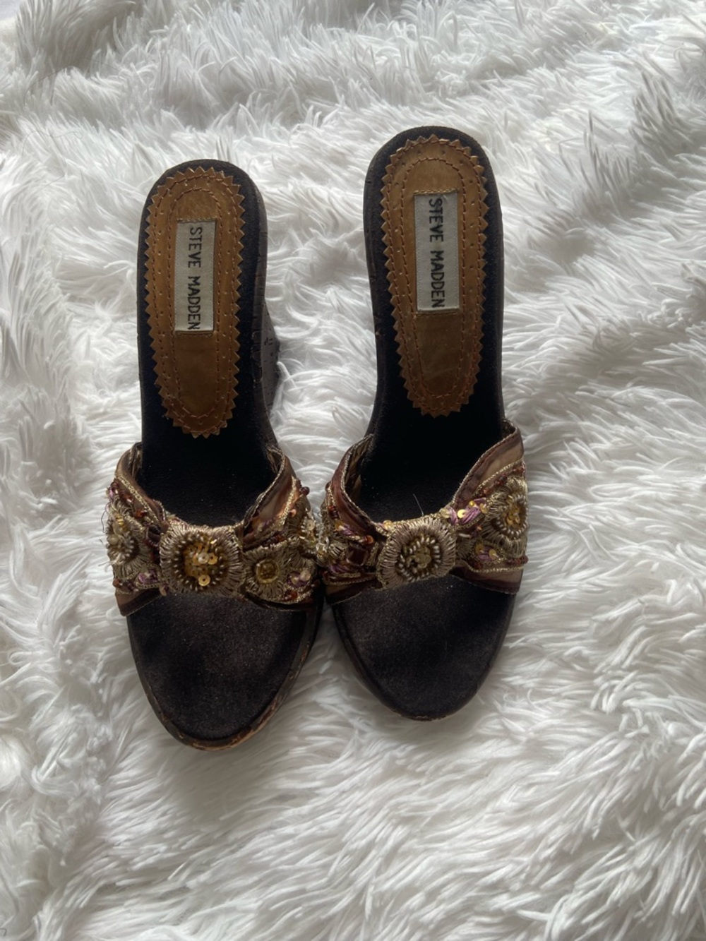 Steve Madden Brown and Gold Embellished Mule Slides